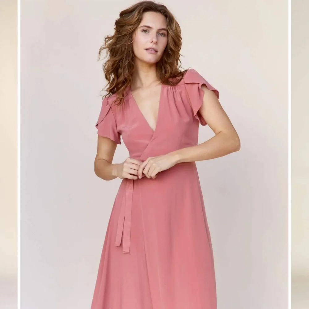 Christy Dawn The Autumn Dress Dusty Rose Silk Wrap Midi Dress size medium - Picture 2 of 7